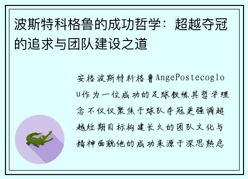 波斯特科格鲁的成功哲学：超越夺冠的追求与团队建设之道